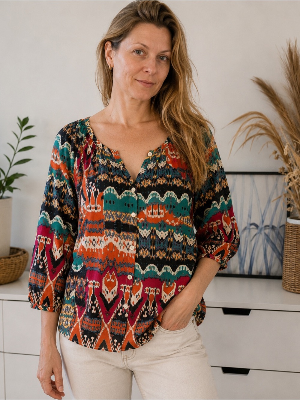 Lucky Brand Boho Peasant Blouse Alexis Tribal Print 100% Cotton Size S